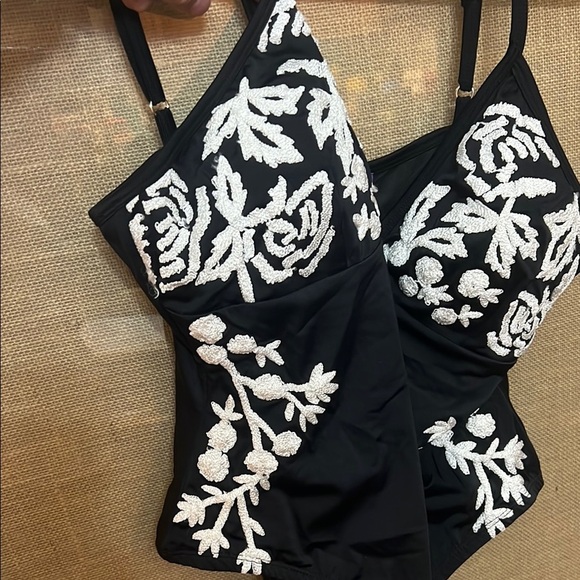 Amita Naithani black one piece swimsuit with white embroidery.  NWOT - Picture 5 of 7